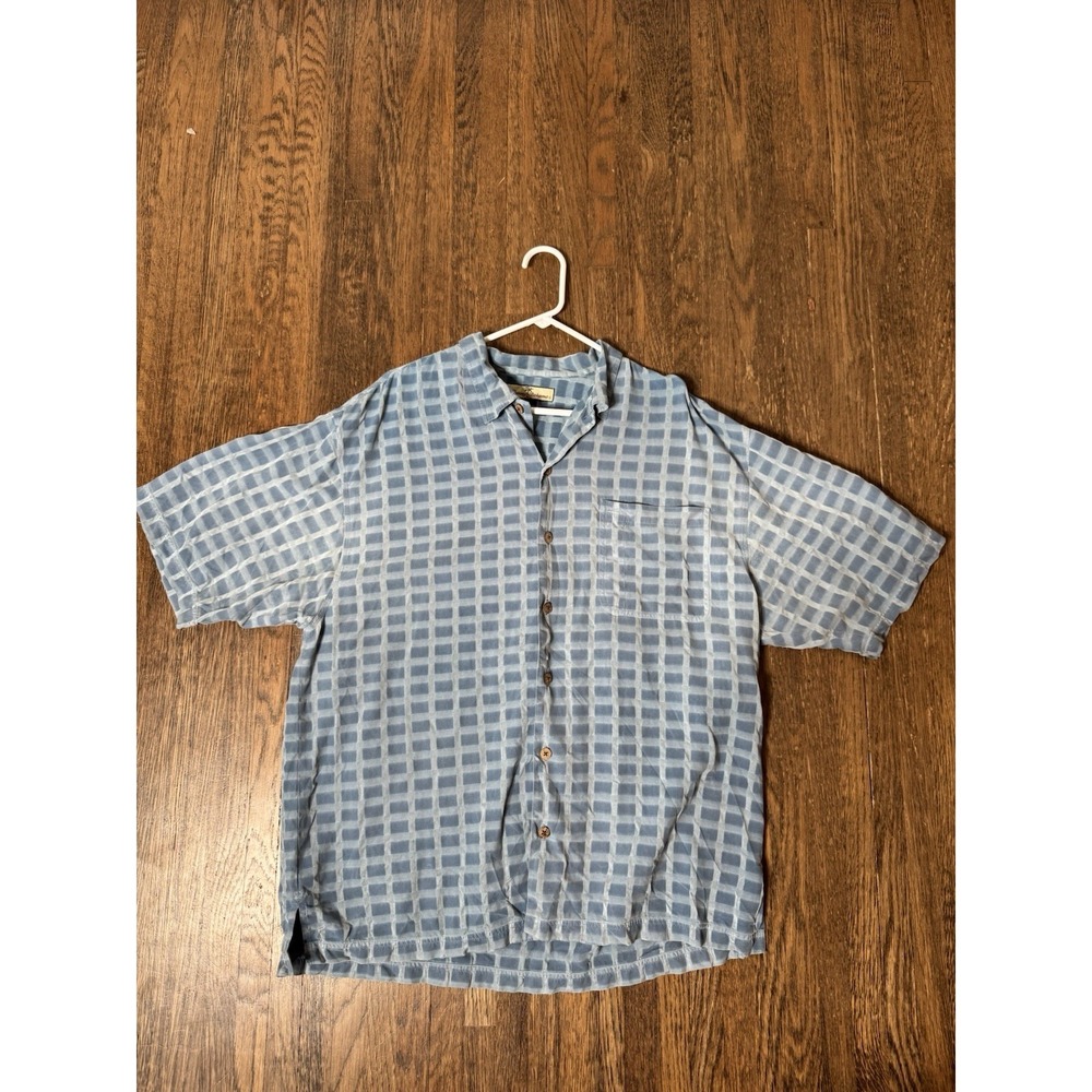Tommy Bahama Mens XL Blue Plaid 100% Silk Short Sleeve Camp Hawaiian Shirt